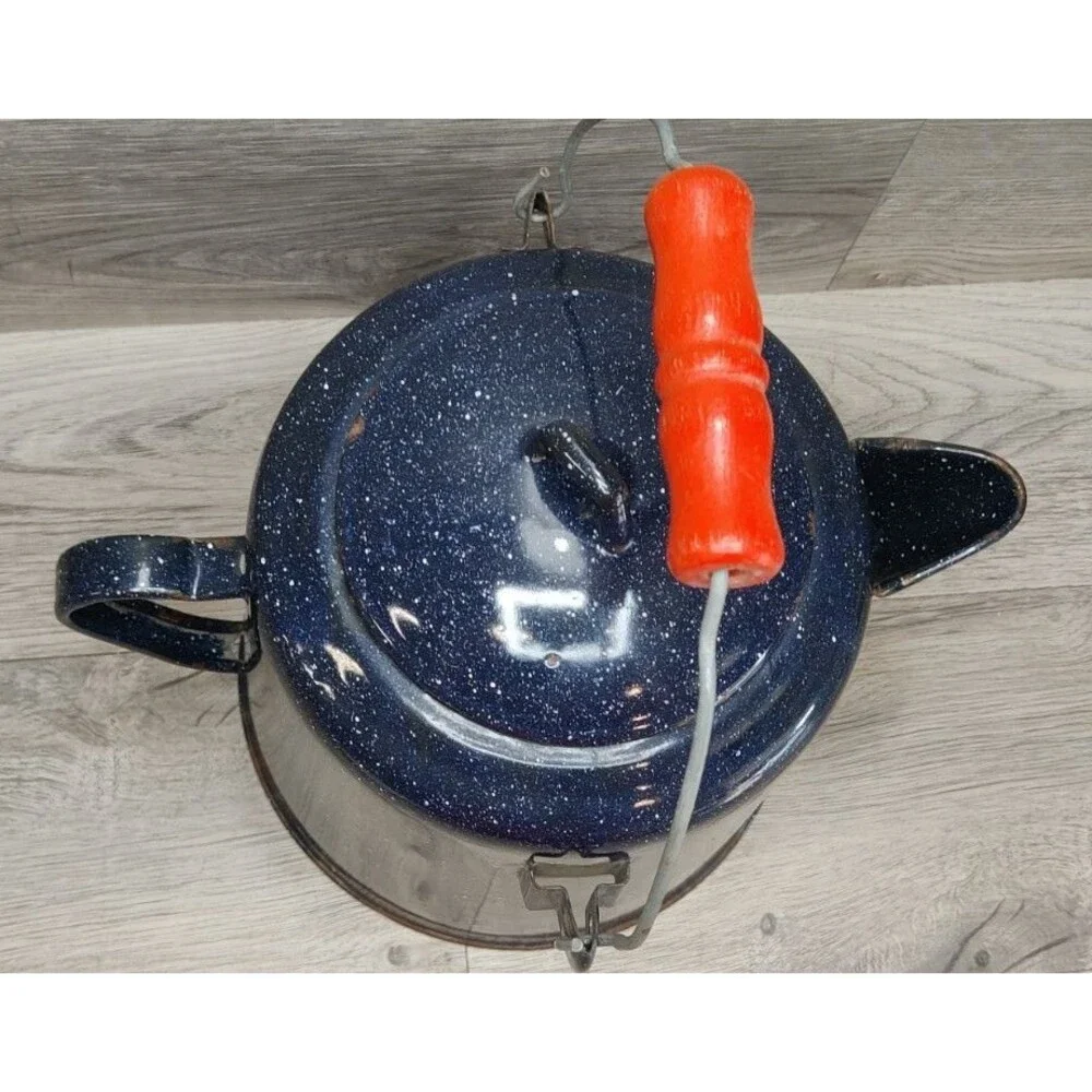 Large Vintage Enamelware Dark Blue-White Speckled Cowboy Coffee Kettle Pot